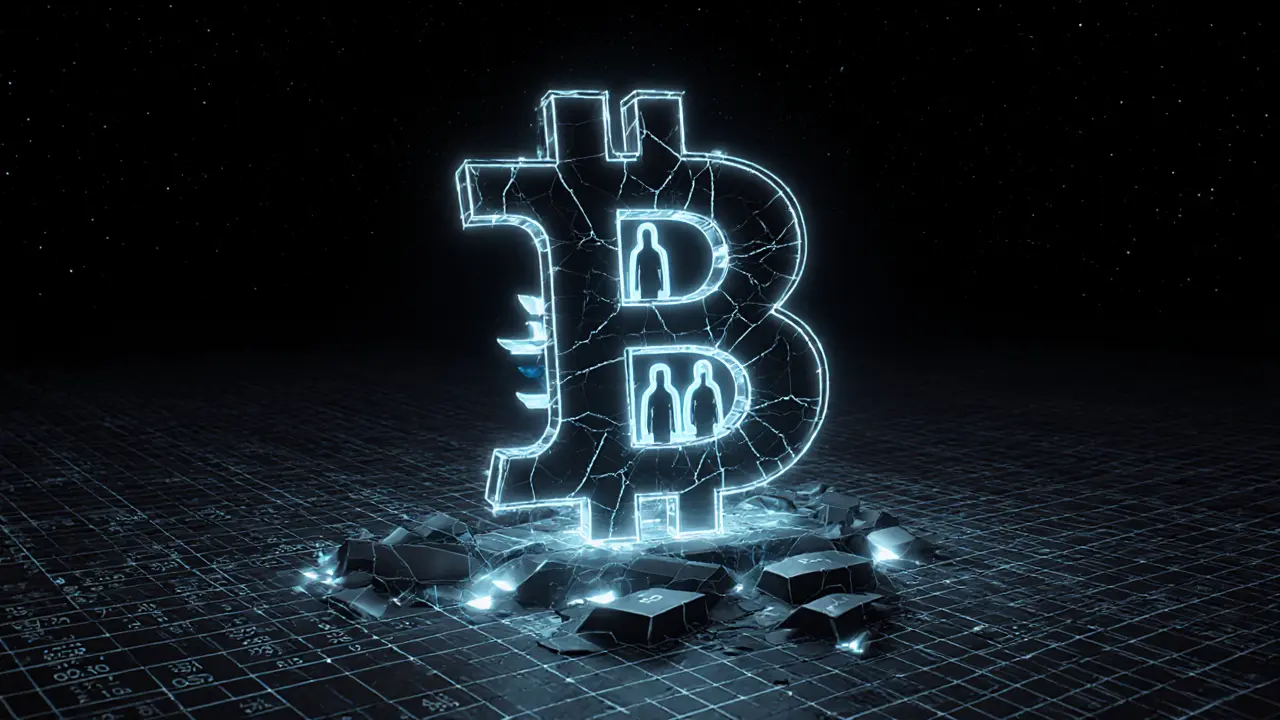 Abandoned token monument crumbling on an empty blockchain ledger in dark digital space.