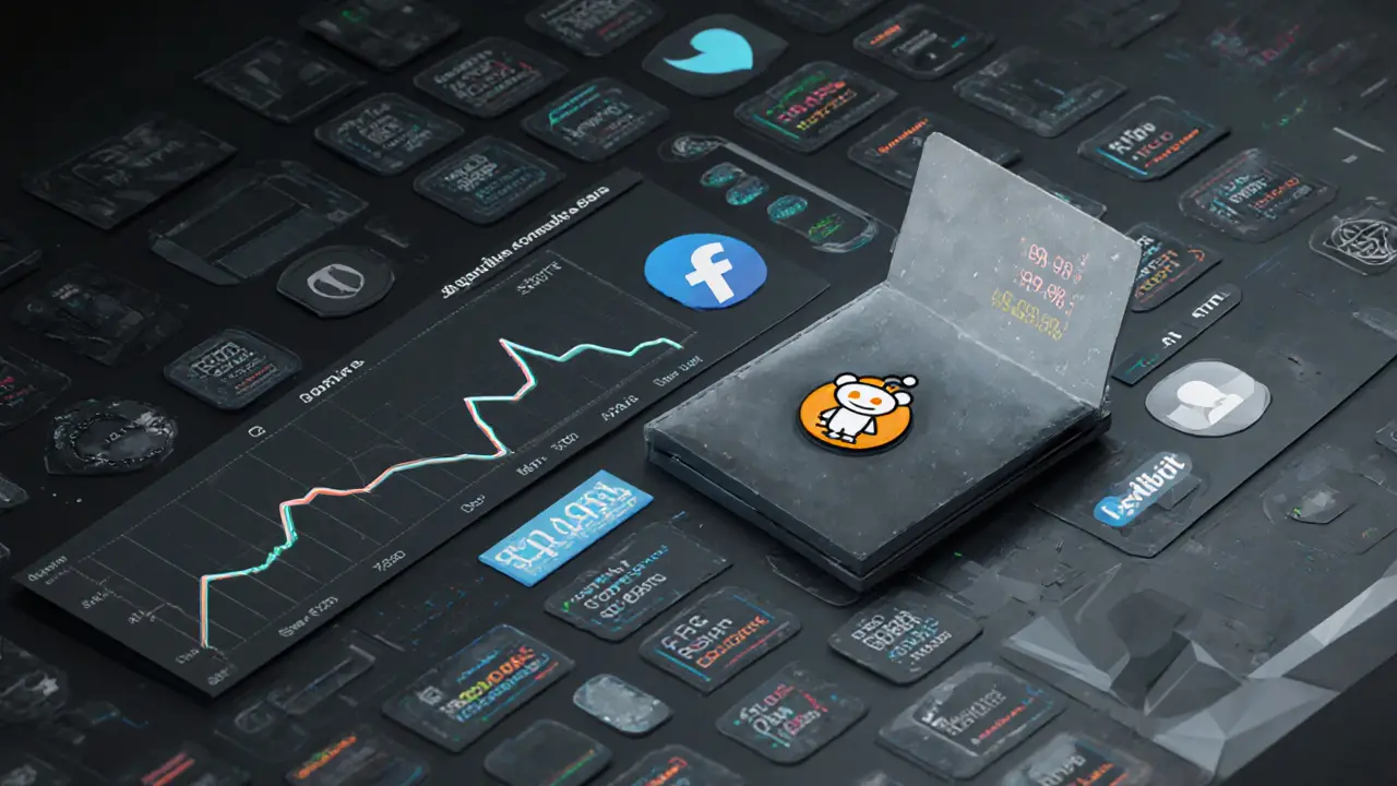 An empty digital dashboard with crashed charts and inactive social media icons in cold tones.