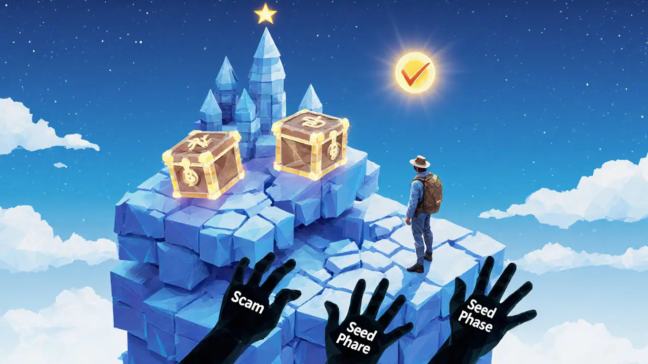 An explorer on a breaking blockchain platform looks toward a distant castle of NFT chests under a verifying star.