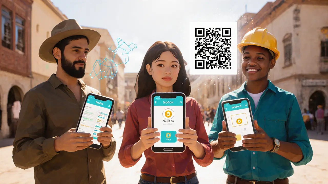 Bolivian citizens using crypto wallets in a plaza, with a glowing QR code above them.