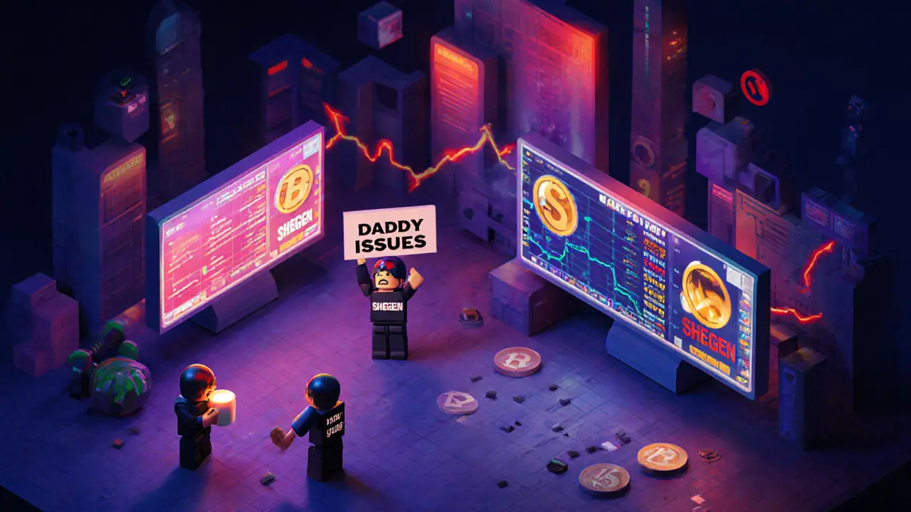 Chaotic scene of low-poly avatars trading SHEGEN tokens on glowing exchanges, with shrinking liquidity pools and absurd meme signs.