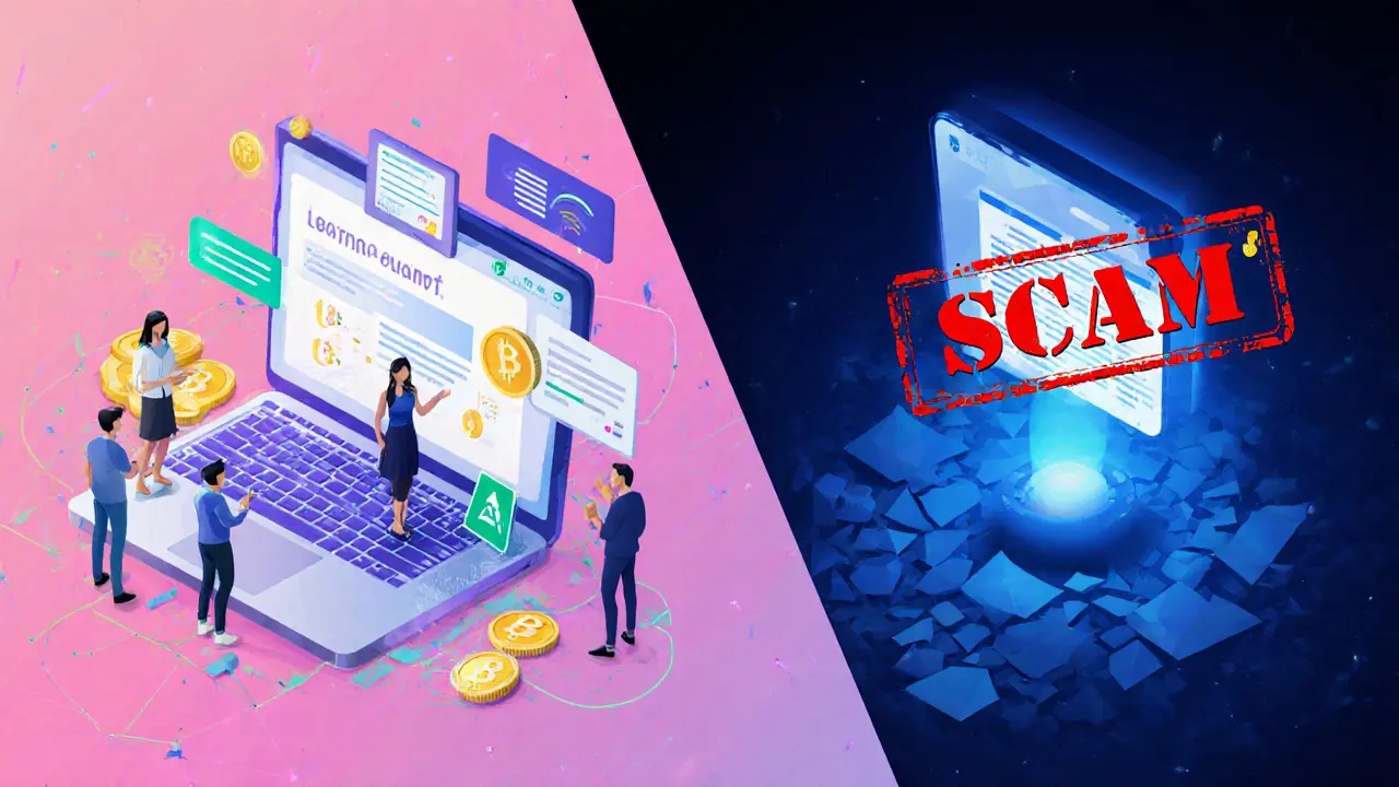 Contrast between a thriving learning platform and a ghostly Web3Shot scam.