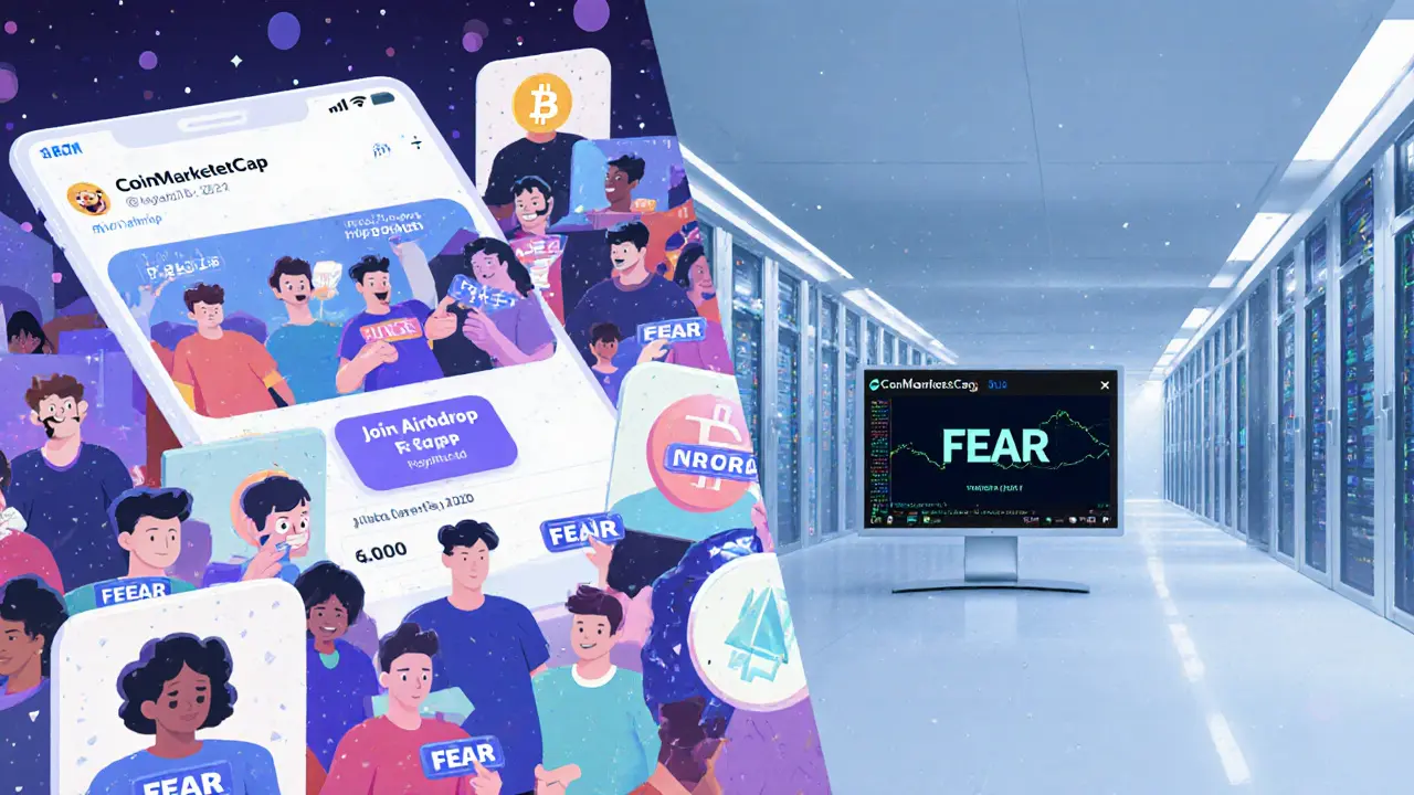 Contrasting scenes: crowded 2021 airdrop clicks vs. an empty server room with a static crypto listing.