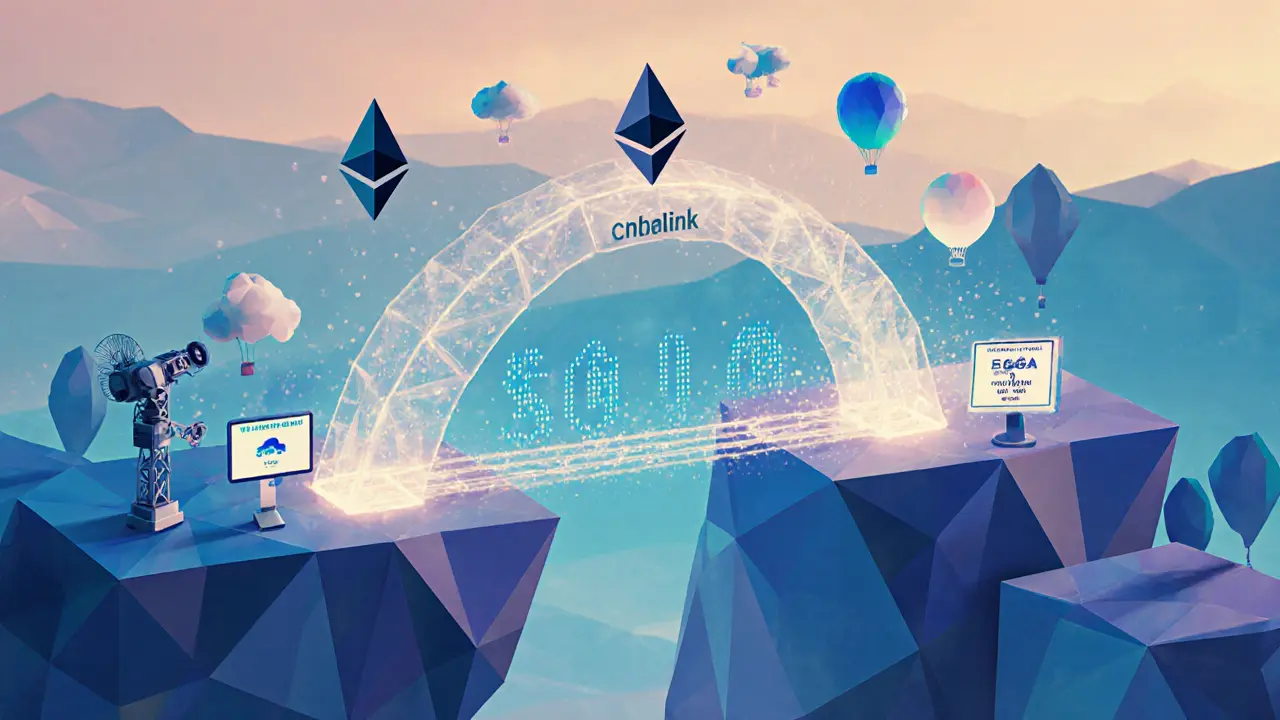 Cross-chain oracle bridge linking Ethereum and Solana with data streams from IoT and financial sources.