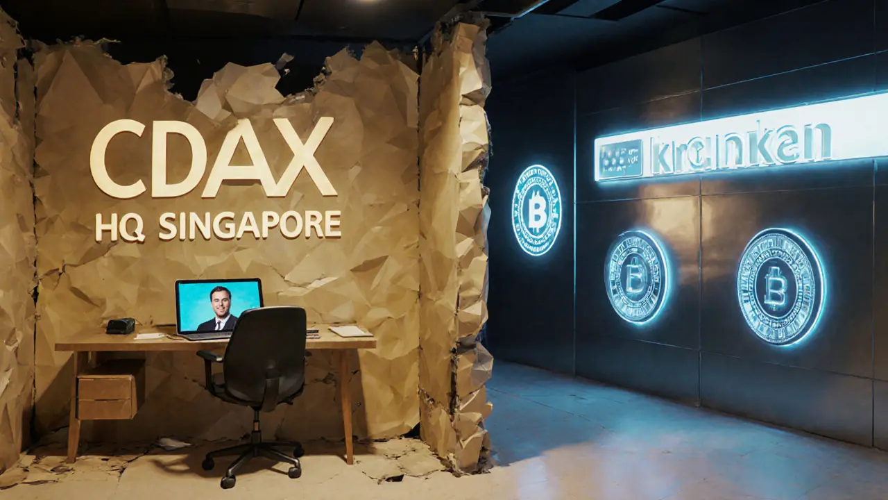 Crumbling fake office with fake CEO video, real exchanges glowing in distance.