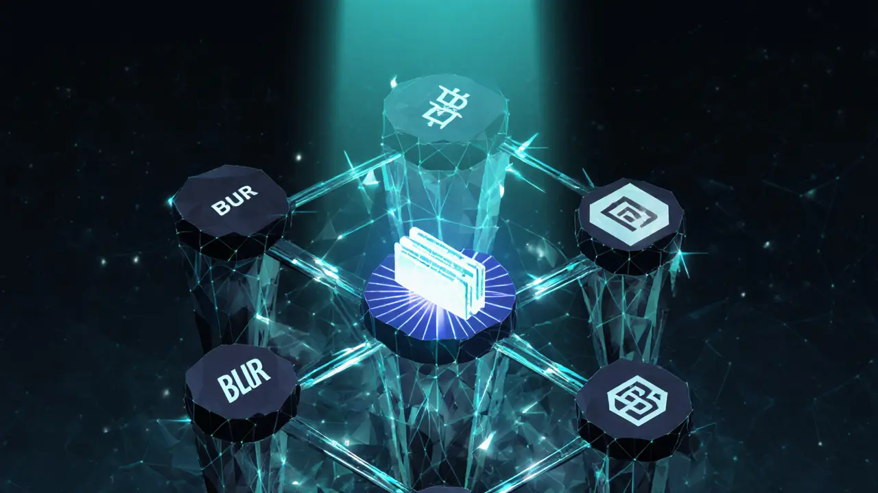 Crystalline royalty protocol network connecting marketplaces, with non-compliant nodes fading away.