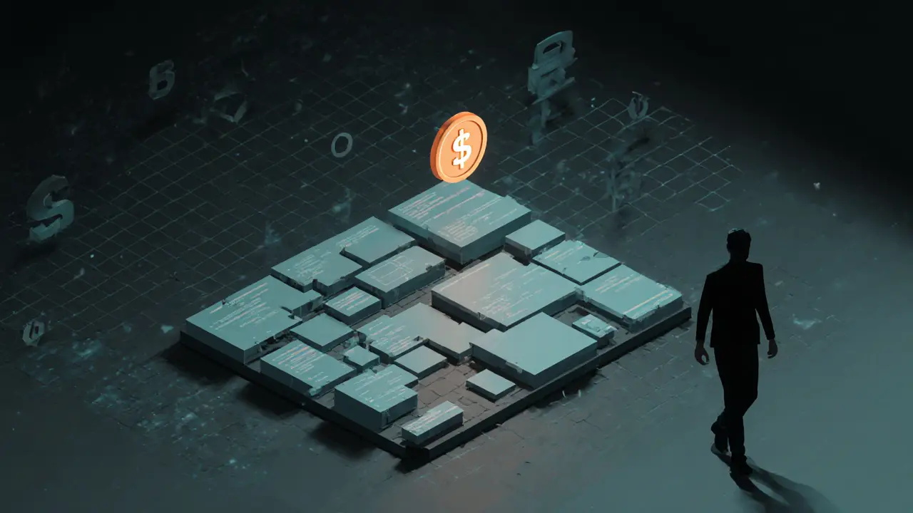 Empty digital database with a single dim $INR token above it, as a figure walks away.