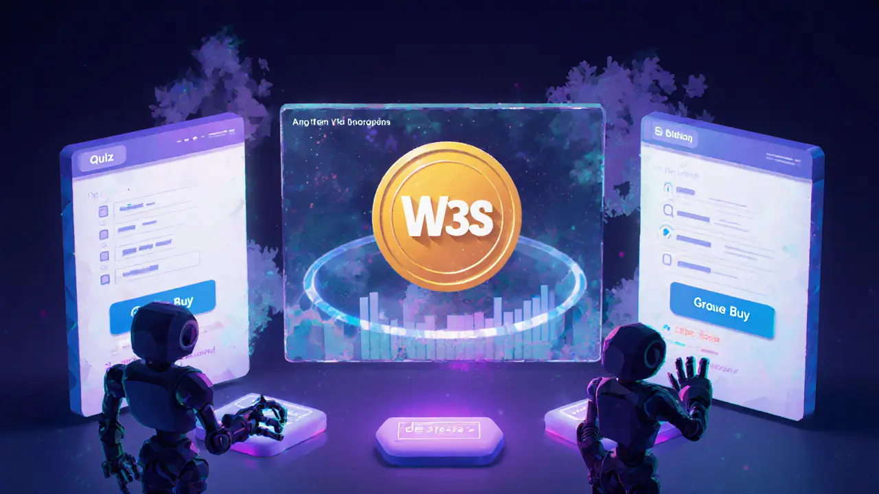 Empty educational platform interface with bot figures clicking on fake buy buttons.