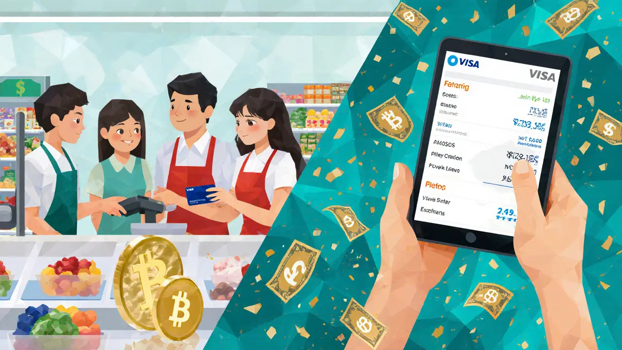 Family paying with crypto card at supermarket while pesos lose value