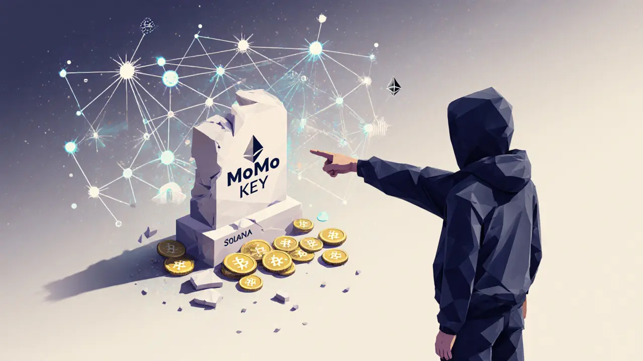 Figure turning from dead MoMo KEY token toward active blockchain projects with airdrop particles