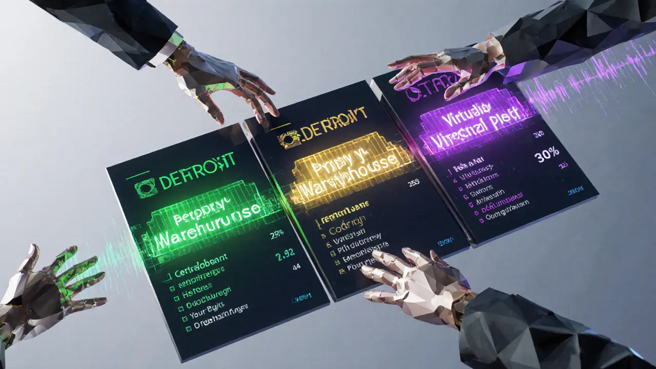Floating real estate dashboard showing tokenized properties with colored income pulses.