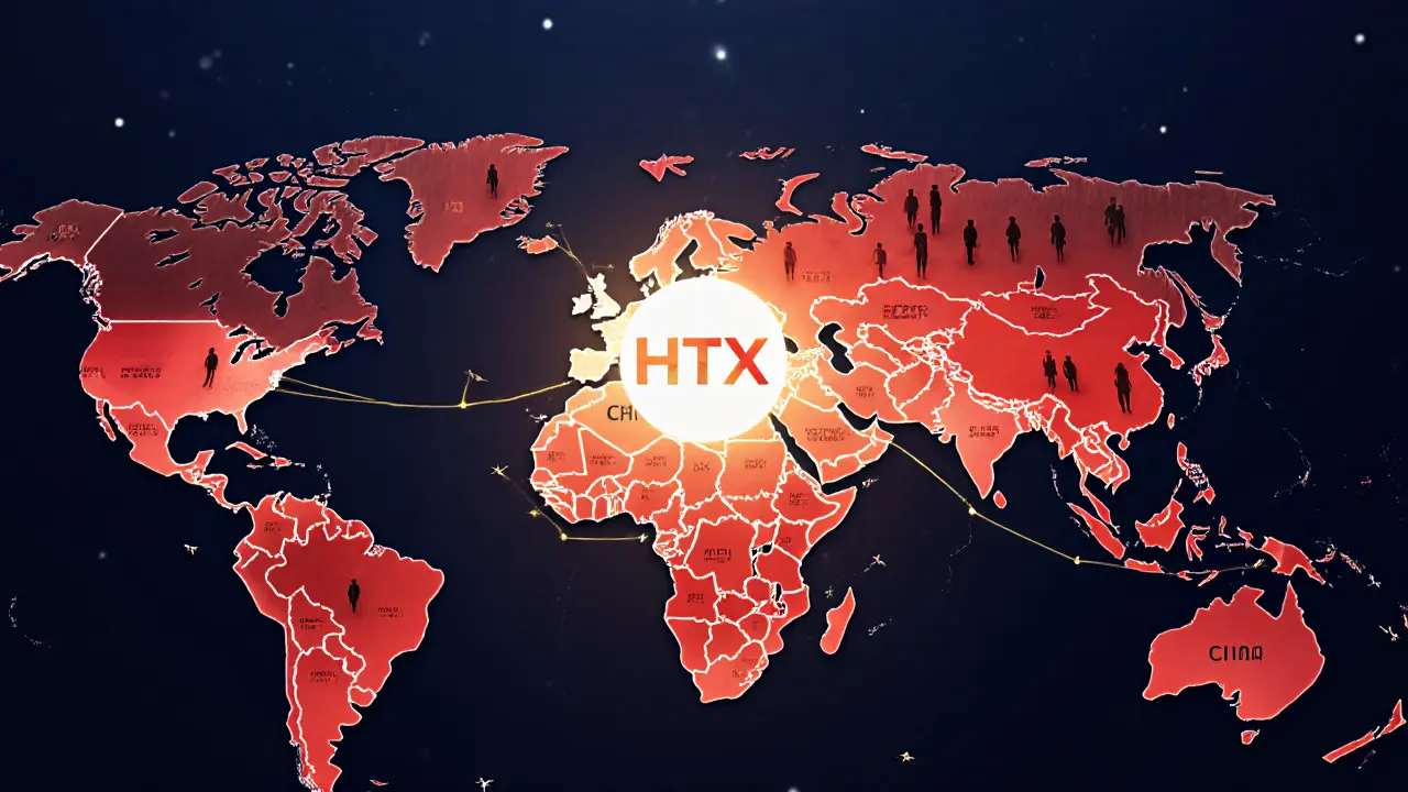 Global user network with blocked regions and crypto flows around HTX logo