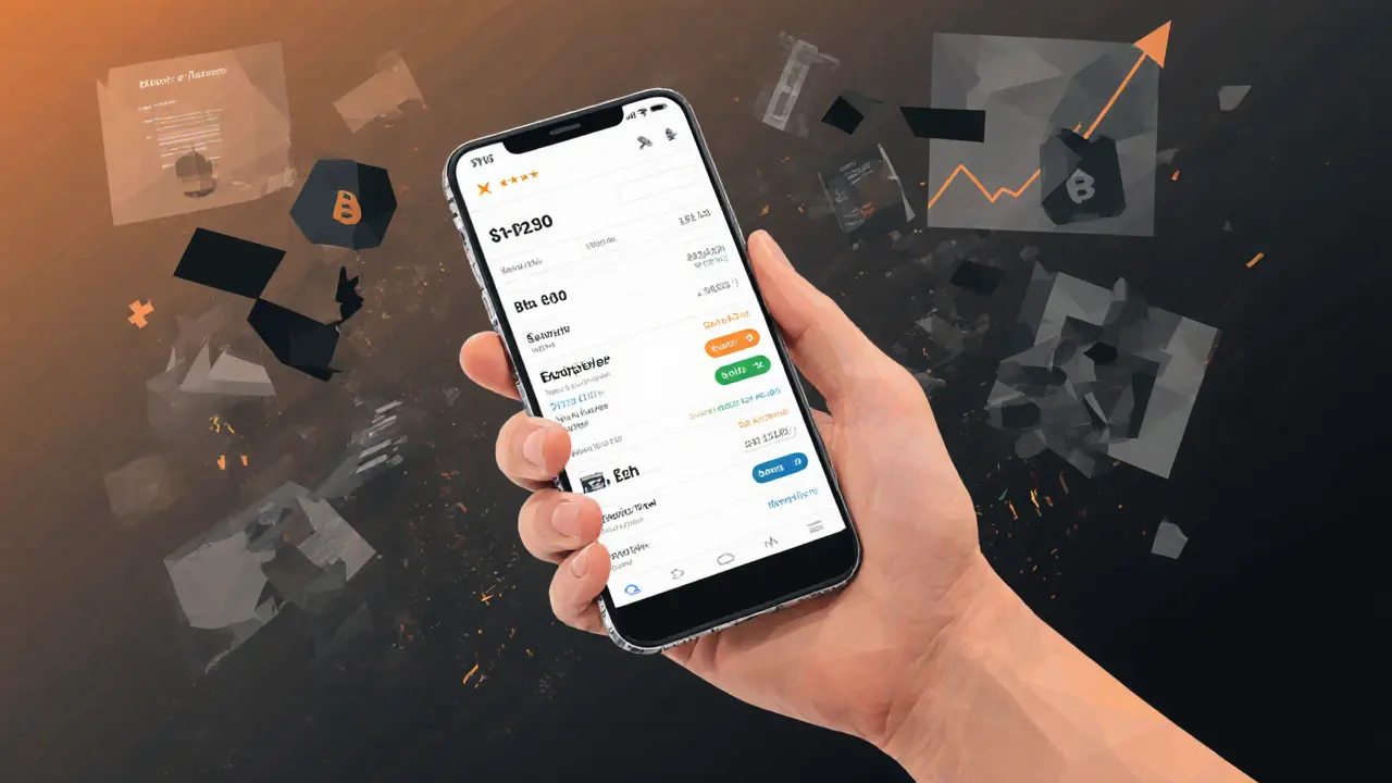 Hand holding phone showing simple crypto trade interface, security elements dissolving into static behind it.