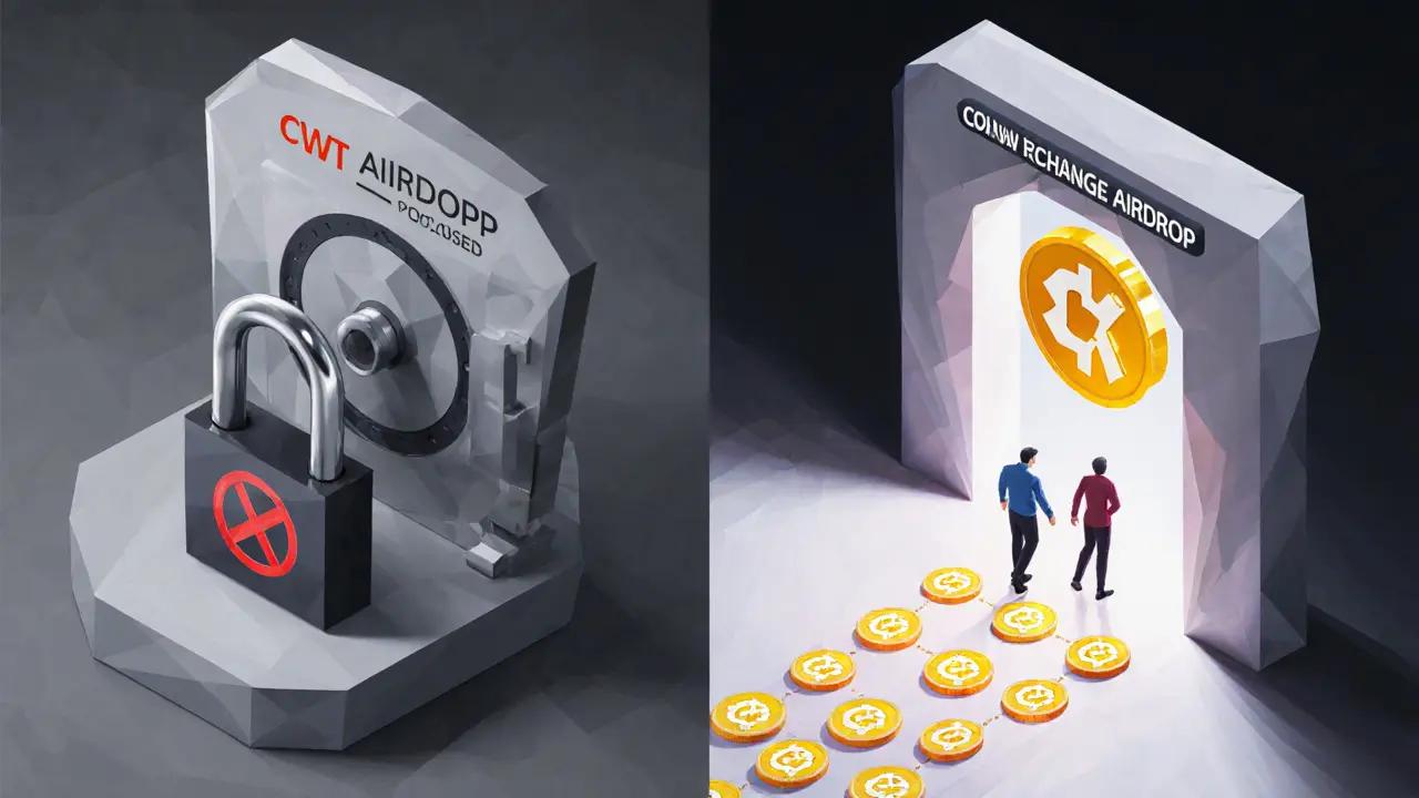 Left: closed vault for CWT airdrop; right: open portal for CoinW Exchange airdrop with users receiving tokens.