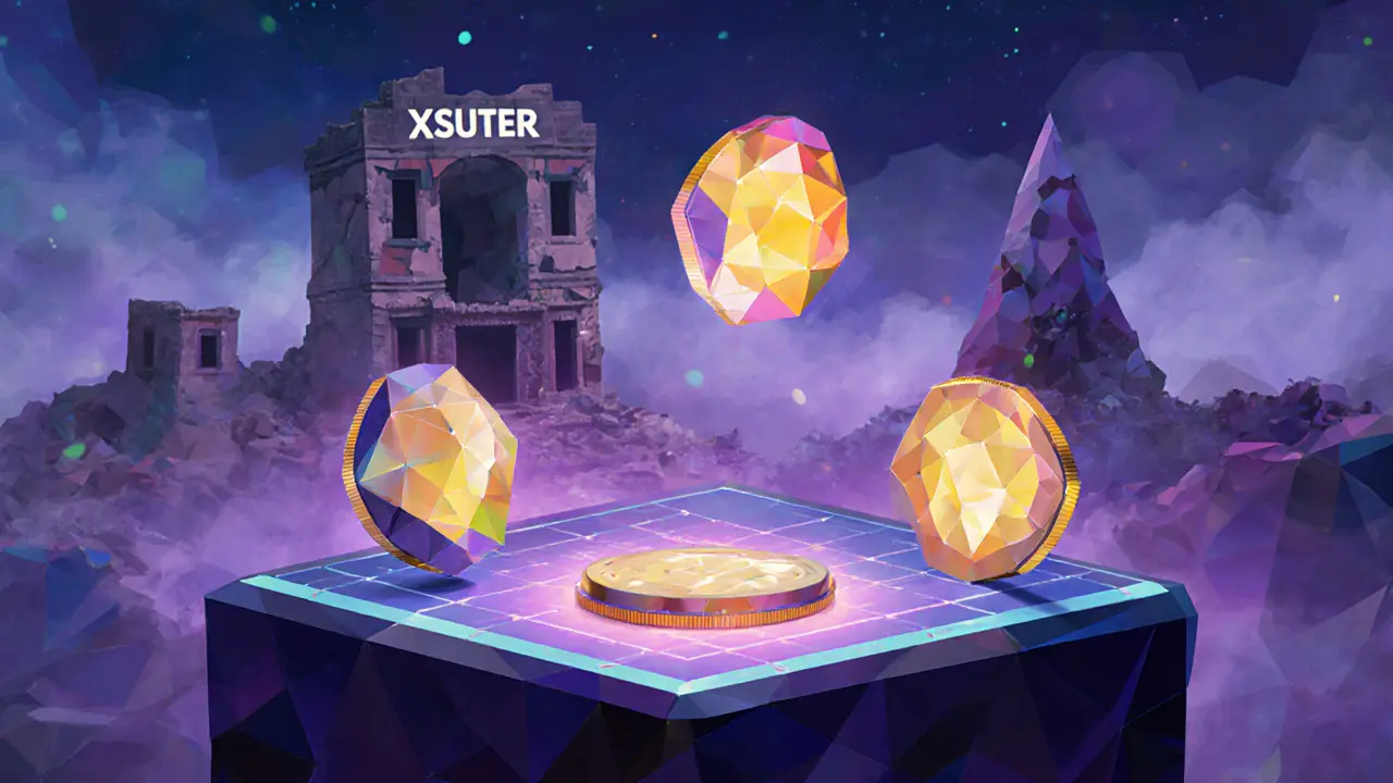 Legitimate crypto tokens floating steadily while XSUTER fades into misty ruins.