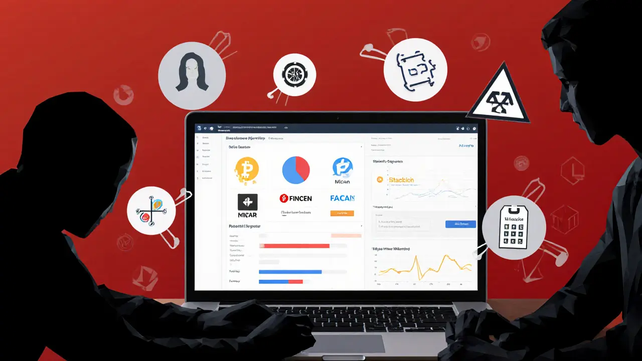 Low-poly desktop scene with compliance alerts and a warning flashing on a personal wallet transaction.
