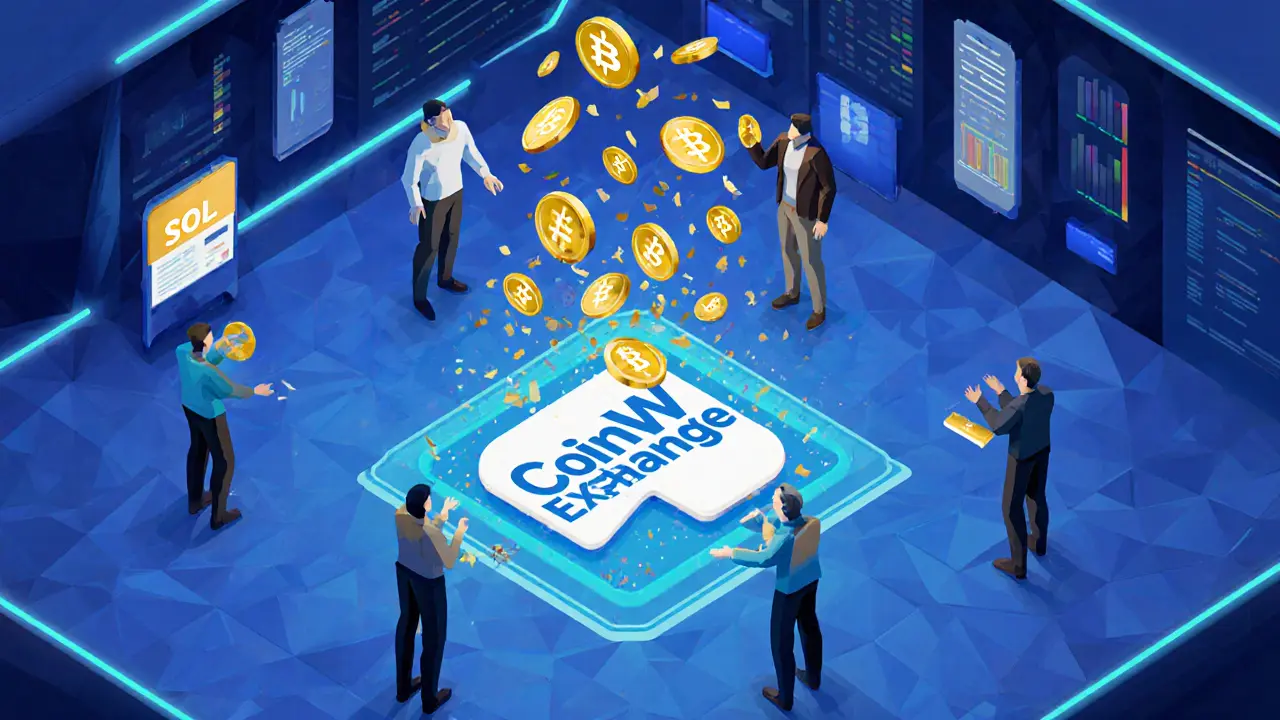 Low-poly users trading crypto, with CWT tokens floating upward as rewards from each transaction.