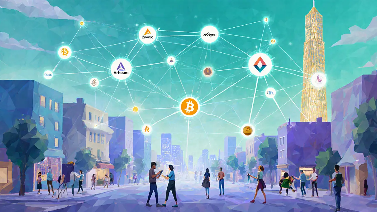 Network of rollup nodes connecting a city where people use crypto for everyday transactions.