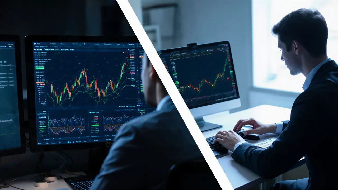 Professional and retail trader using Coincall’s intuitive derivatives platform in a split-screen view.