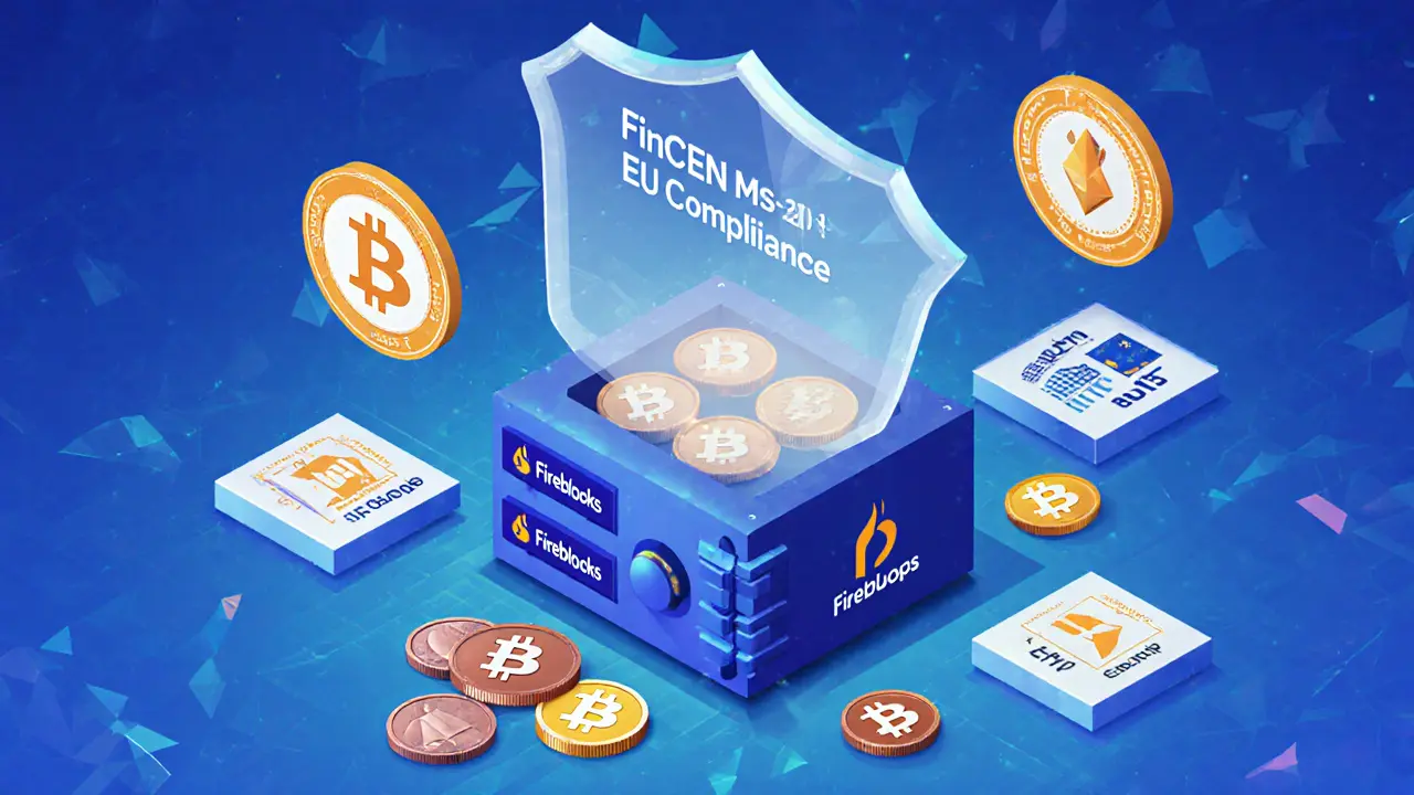 Secure vault with third-party custodians and compliance badges, protecting crypto assets in low-poly style.