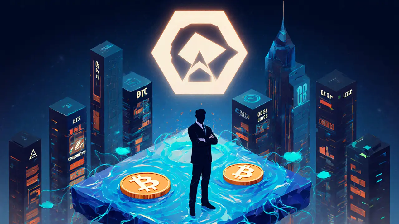 Silhouette of a trader on a crypto asset platform with GMX logo above a futuristic Arbitrum city, low-poly style.