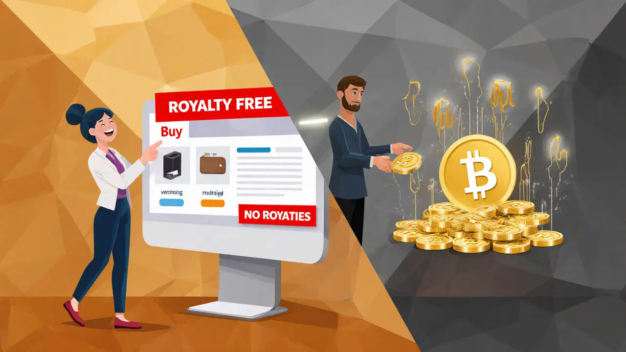 Split scene: buyer avoiding royalties vs. artist receiving payments on a verified platform.