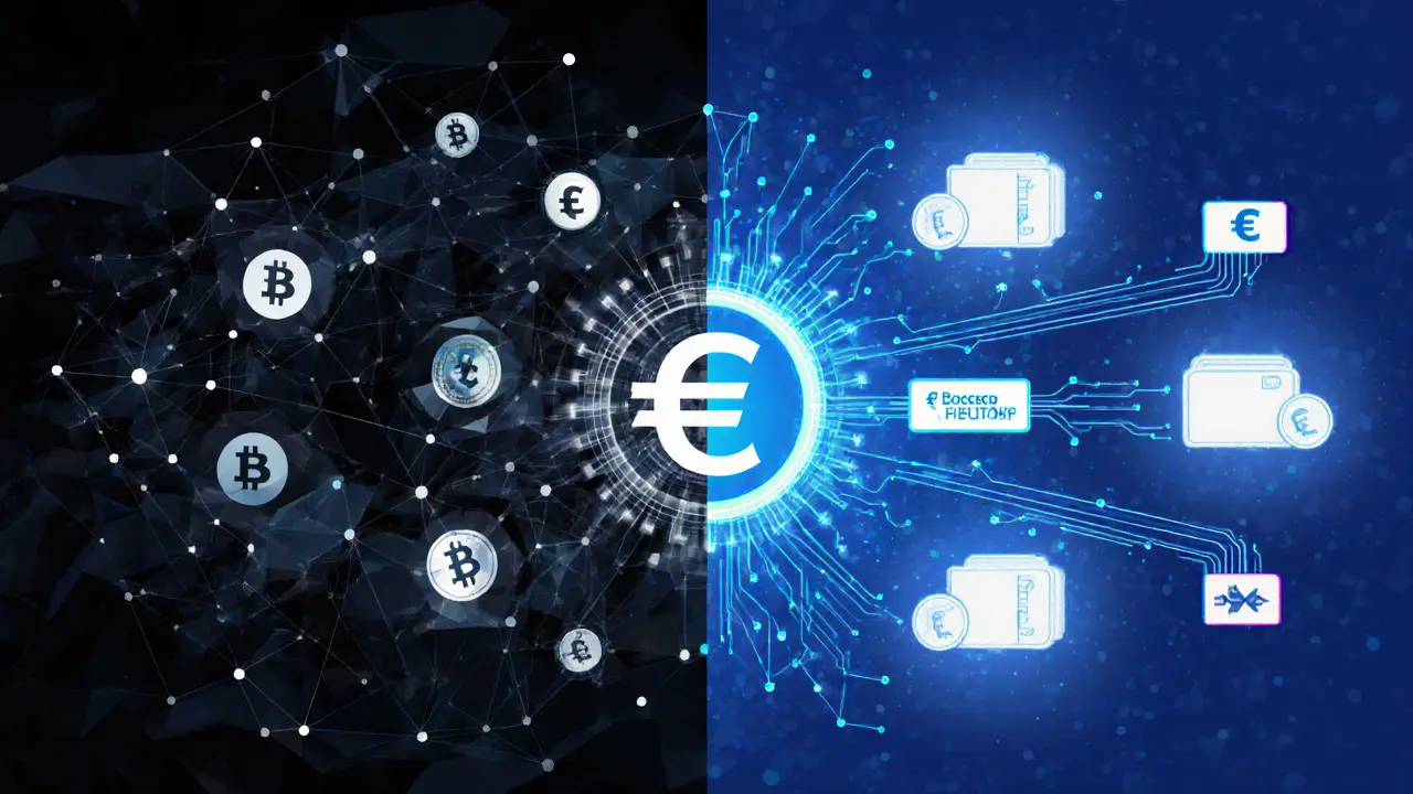 Split scene: chaotic crypto vs. transparent digital euro system in low poly