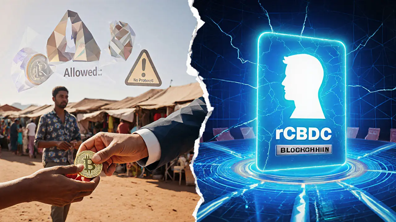 Split scene: crypto payment allowed with warning on left, central bank digital currency controlled on right, blockchain blocked in between.