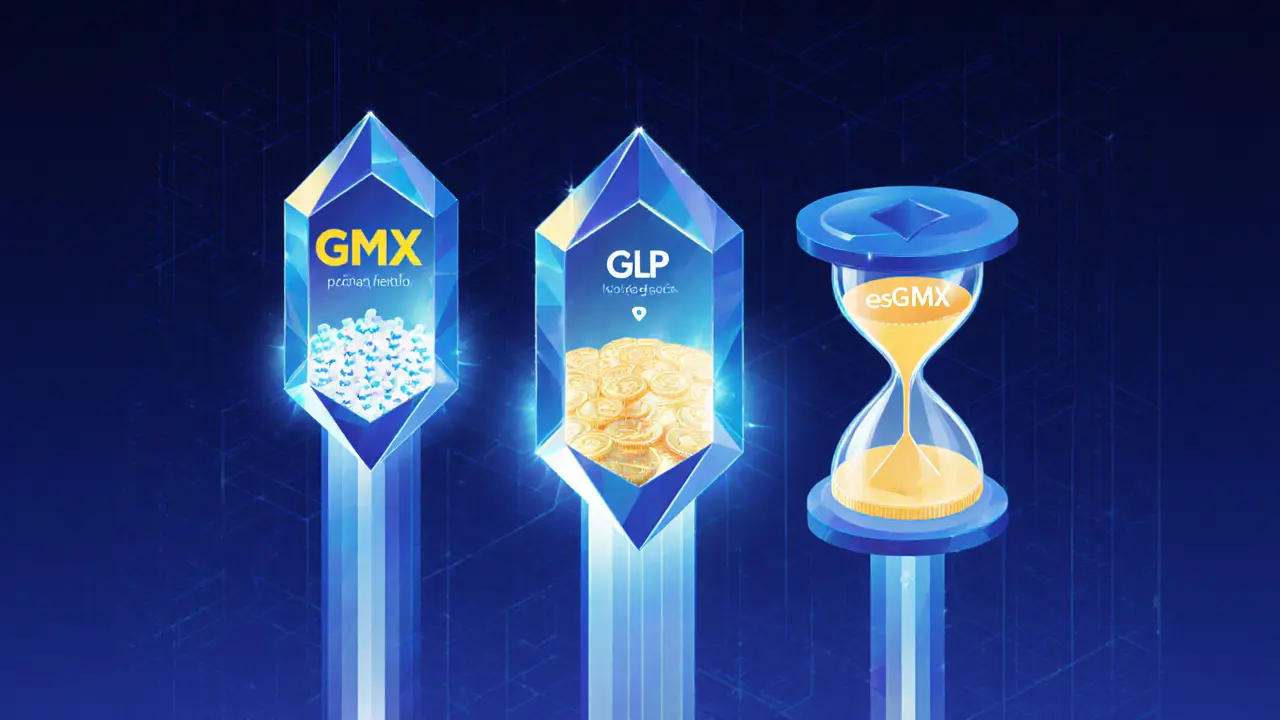 Three geometric tokens — GMX, GLP, esGMX — connected by light beams flowing into a blockchain network and ETH rewards.