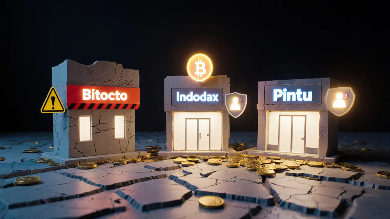 Three low-poly exchange buildings: one broken and red-striped, two secure and glowing, on map of Indonesia.