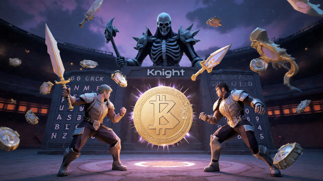 Three players in the Arena with floating NFT gear and a central KNIGHT token above a digital leaderboard.