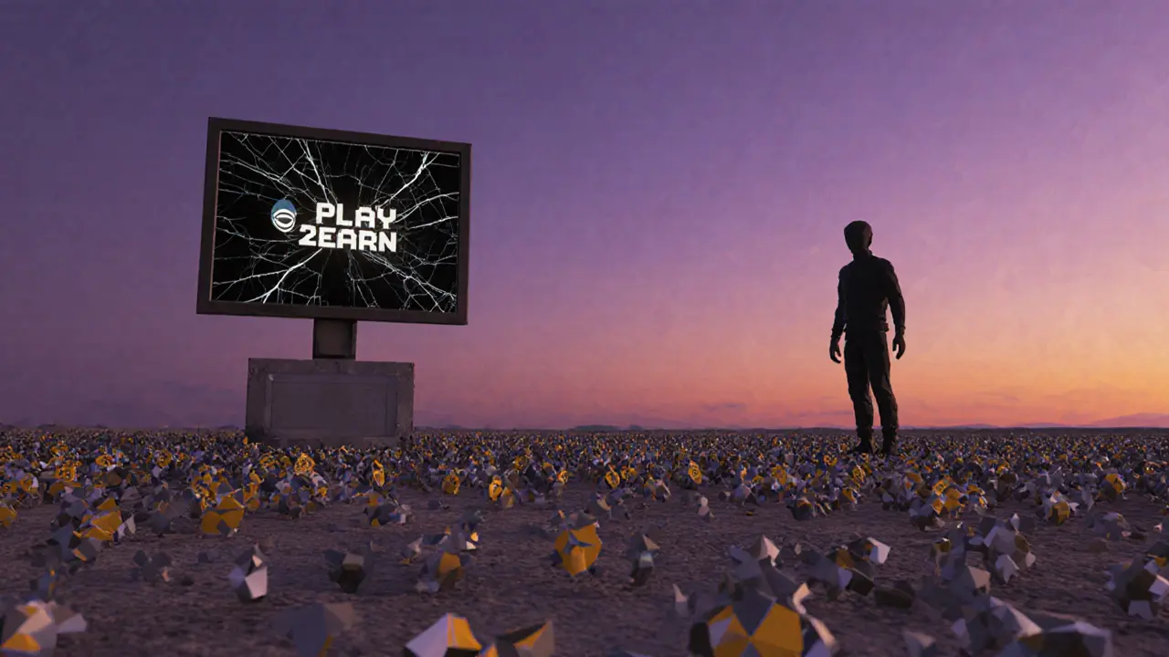 Twenty thousand low-poly FEAR tokens scattered across a barren digital plain under a twilight sky.