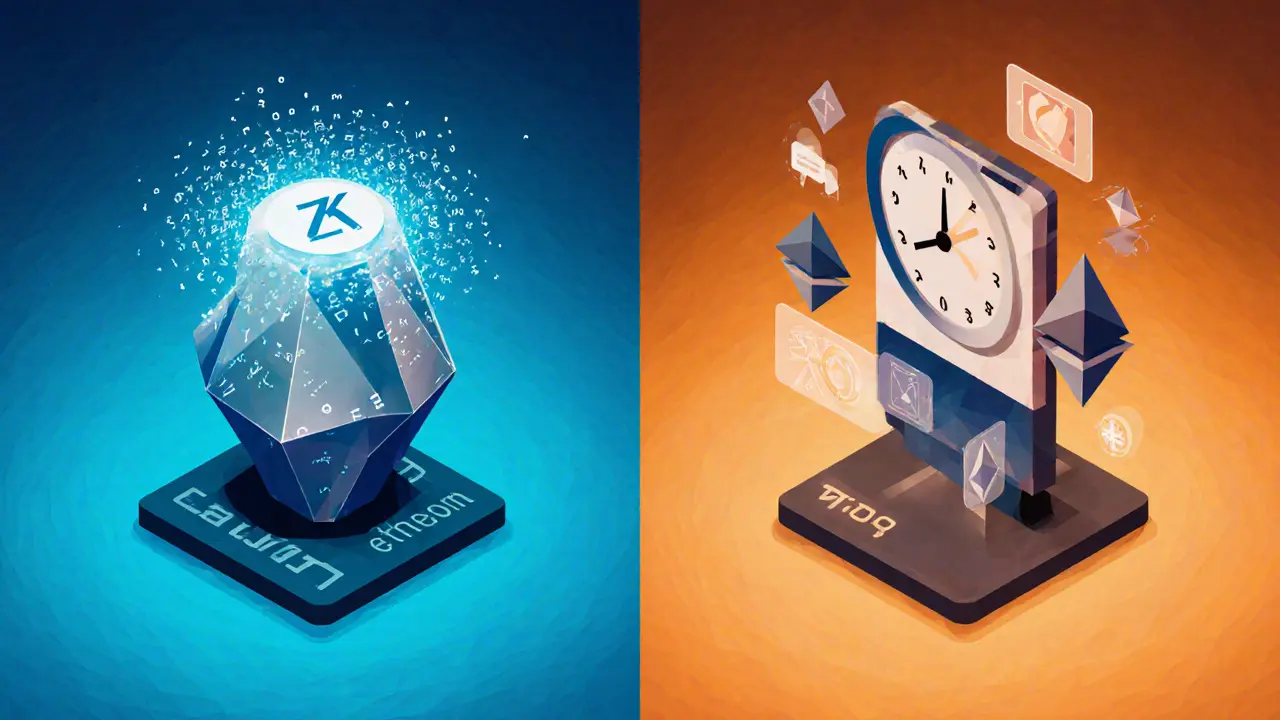 Two low-poly rollup types side by side: ZK with cryptographic halo, Optimistic with countdown clock.