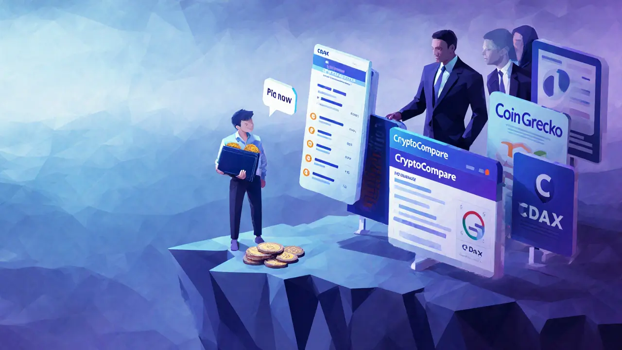 User at edge of cliff made of missing exchange reviews, shadowy scammers whispering behind.