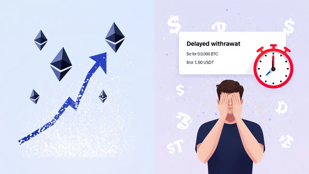 User staking crypto on left, facing withdrawal delay on right in low-poly style