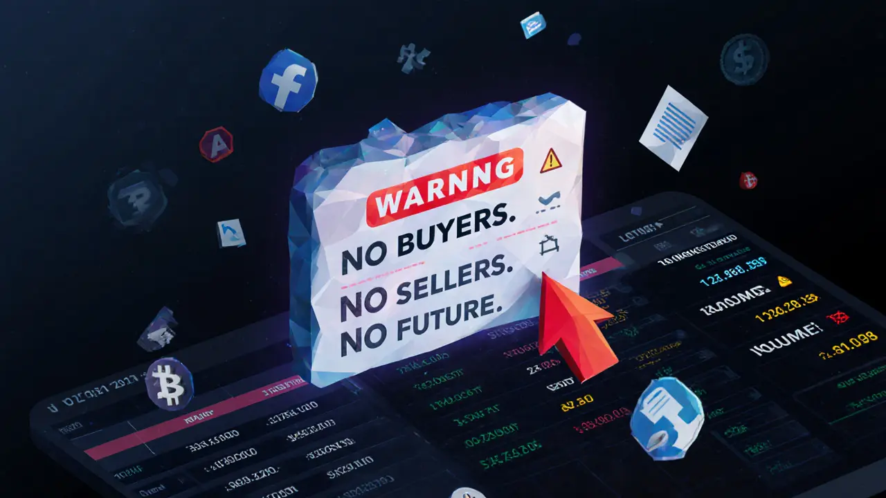 Warning sign over silent exchange interface pointing to dead MSWAP listing among active tokens.