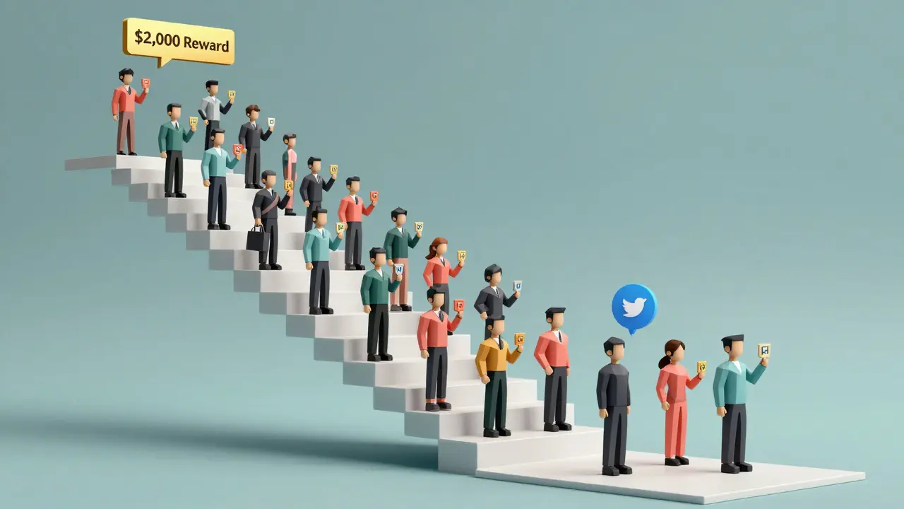 100 low poly users ascending toward a golden reward platform