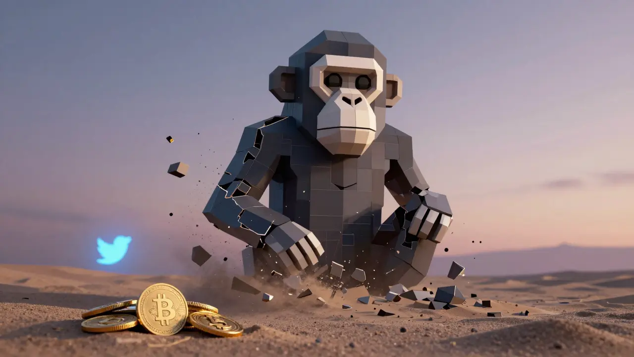 A crumbling low-poly monkey monument disintegrating into pixels, with forgotten XING tokens in the sand.