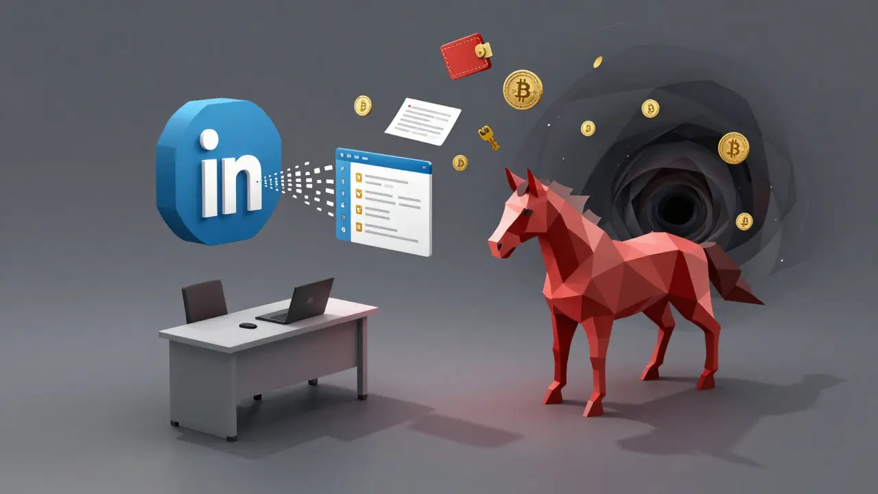A LinkedIn profile casting a shadow that turns into a trojan horse, leaking private crypto keys.