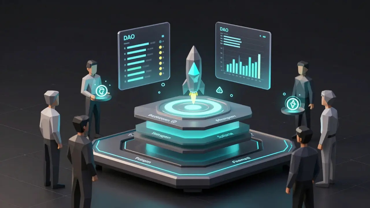 A multi-chain launchpad with rising projects and DAO voting interface in low-poly style.