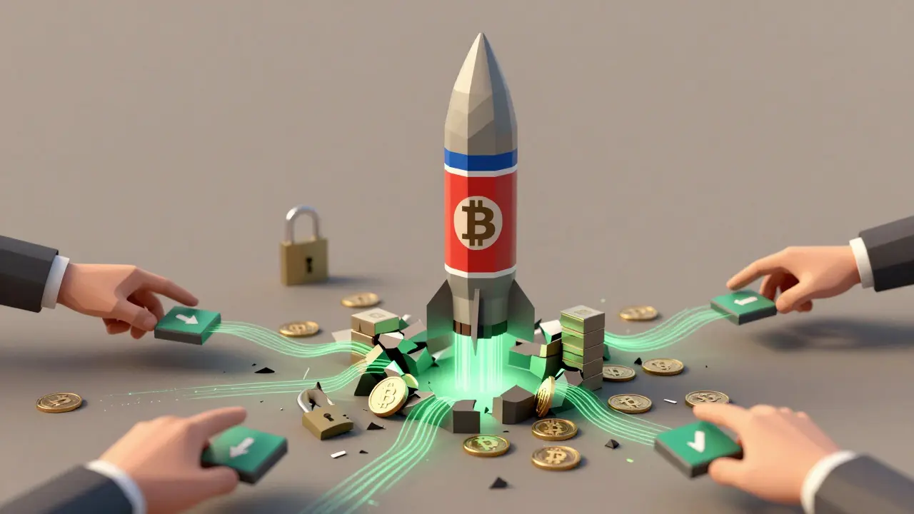 A nuclear missile fueled by stolen cryptocurrency rising from a North Korean silhouette amid broken security systems.