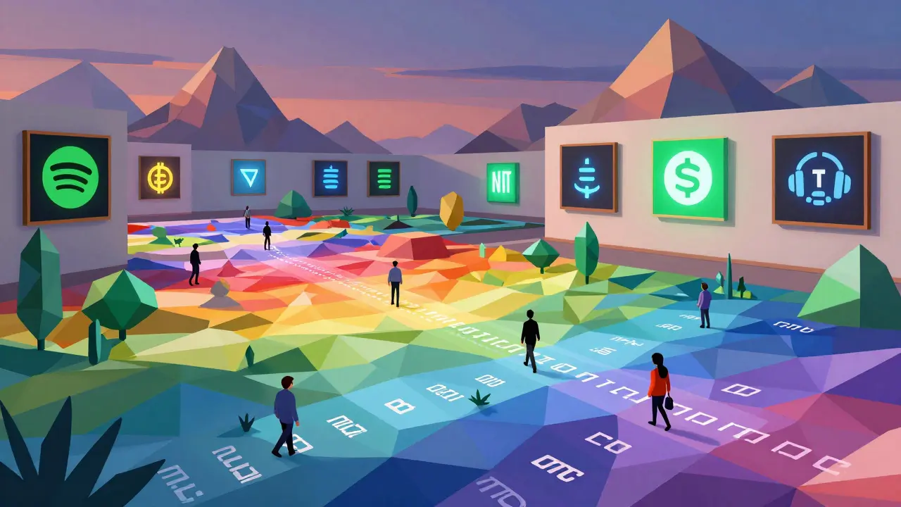 A transforming NFT painting that reacts to data, set in a hybrid gallery with crypto-shaped mountains.