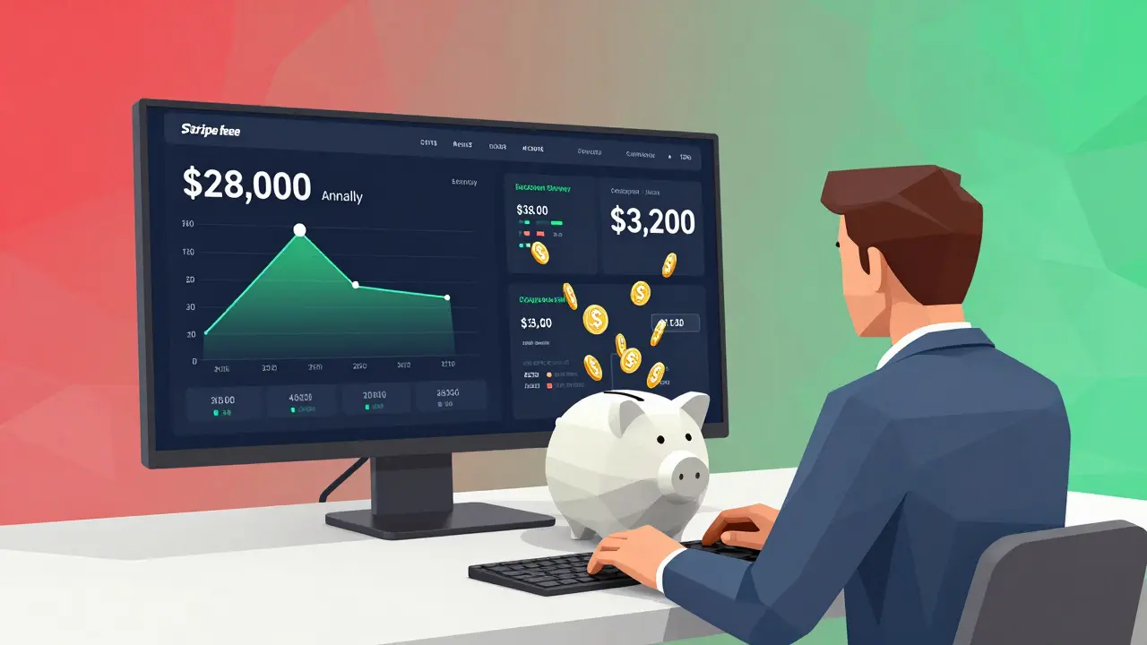Business dashboard comparing high traditional fees to low blockchain costs with floating USDC coins.