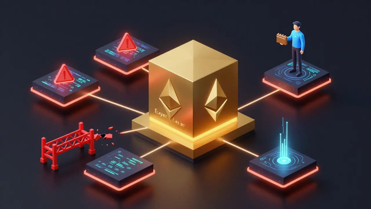 Central Ethereum cube connected to floating Layer 2 platforms, with broken bridges glowing red nearby.