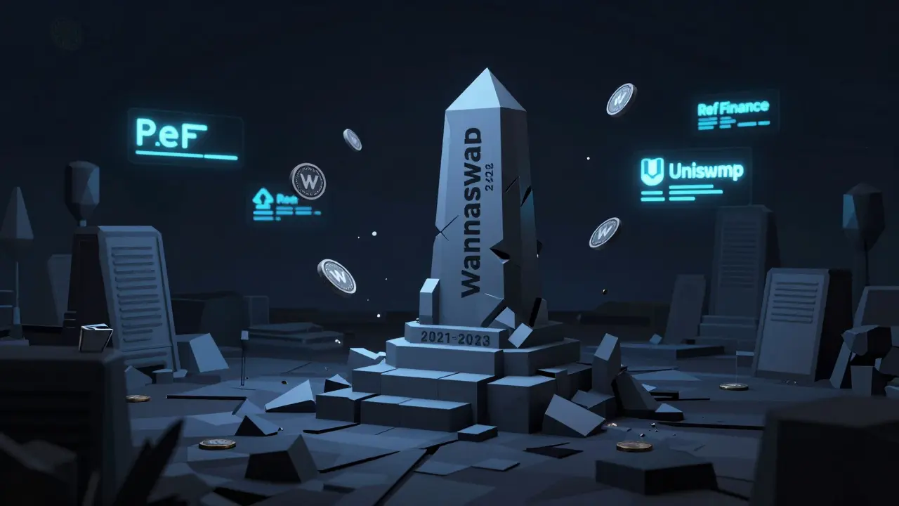Crumbled Wannaswap monument in a digital graveyard surrounded by drifting zero-value tokens