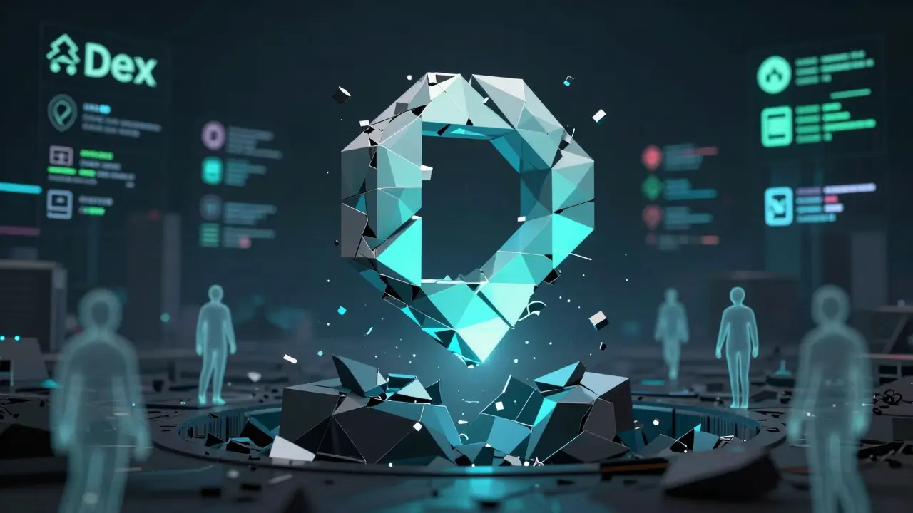 Crumbling exchange monument sinking into darkness as users vanish, with active DEXs glowing afar.