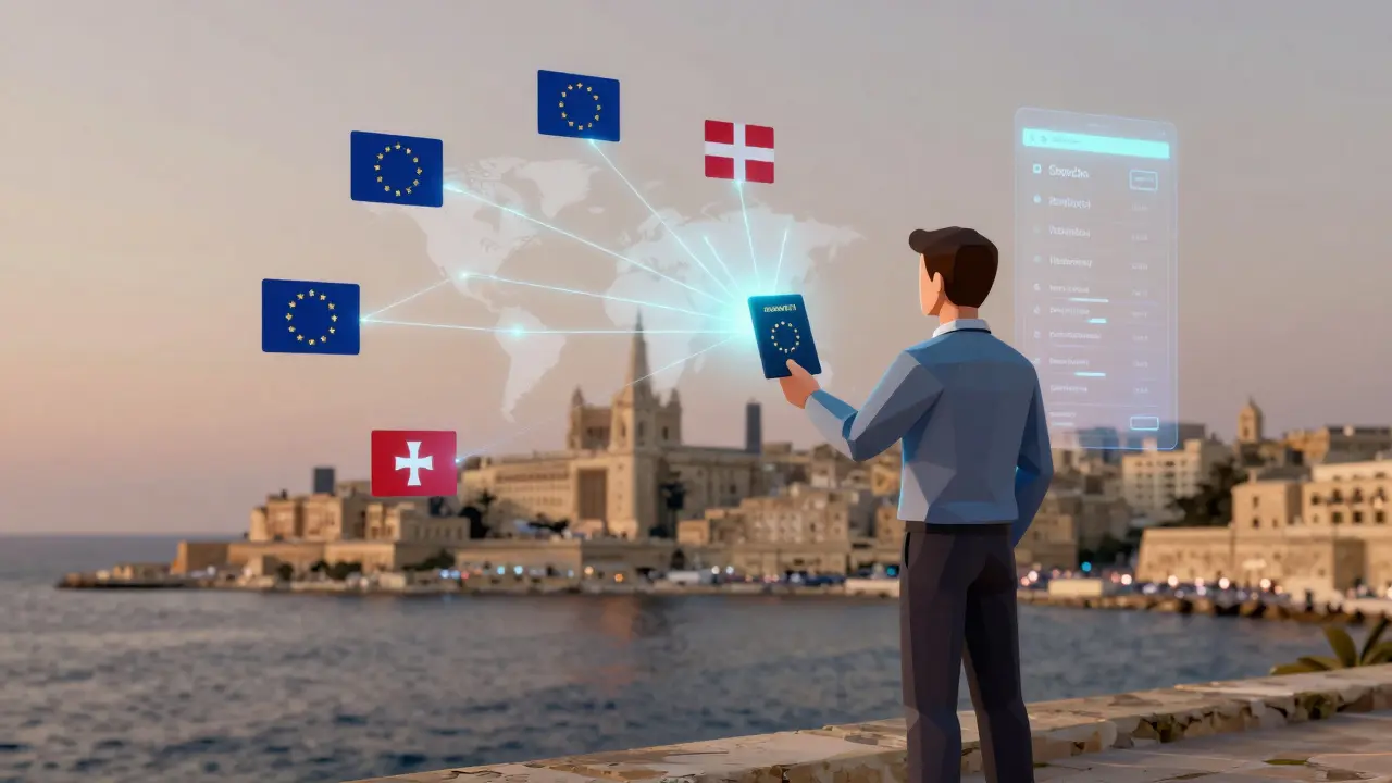 Crypto investor holding a glowing Maltese passport with global connectivity rays.