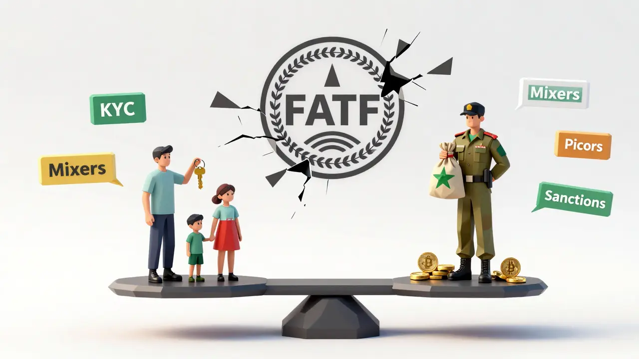 Digital scale balancing Iranian families with private keys against Myanmar military with crypto and jade, FATF emblem above.