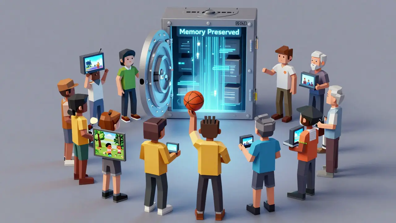 Diverse fans holding unique NFTs of McGrady’s moment, with a digital archive vault above them.