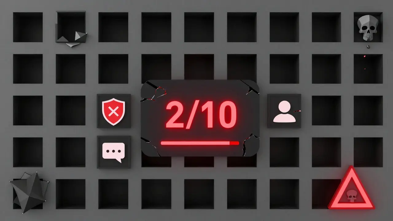 Empty dashboard with red trust score of 2, surrounded by broken security and support icons.
